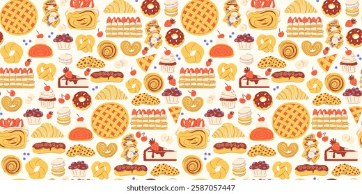 Hand drawn seamless pattern with pastry, desserts, baked food. Donut, muffin, croissant, eclair, strudel, mille feuille, cheesecake, cinnamon roll. Flat trendy vector illustration, isolated background