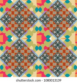 Hand drawn seamless pattern. Patchwork quilt pattern in violet, brown and purple colors. Vintage decorative elements. Indian, Arabic, Turkish motifs. Abstract colorful mosaic style.