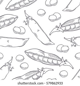 Hand drawn seamless pattern with pea. Monochrome background in sketch style. Vector illustration