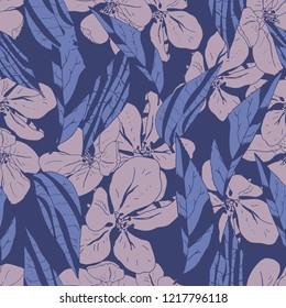 Hand drawn Seamless pattern peach flower and blue background.  Trend floral for your design. Postcard, card, poster design, website design, logo, wallpaper,textile, banner. Vector illustration.