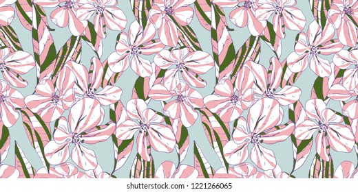 Hand drawn Seamless pattern peach flower and blue background.  Trend floral for your design. Postcard, card, poster design, website design, logo, wallpaper,textile, banner. Vector illustration.