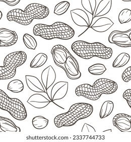 Hand drawn seamless pattern with peanuts. Vector background with nuts and leaves