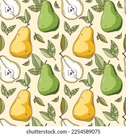 Hand drawn seamless pattern of pears. Vector illustration of pears and leaves .
