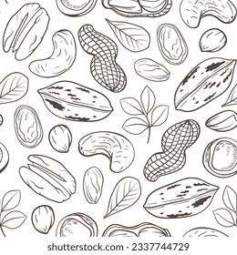 Hand drawn seamless pattern with pecan nuts, cashew and peanuts. Vector background with nuts and leaves