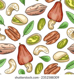 Hand drawn seamless pattern with pecan nuts, cashew and pistachio. Vector background with nuts and green leaves