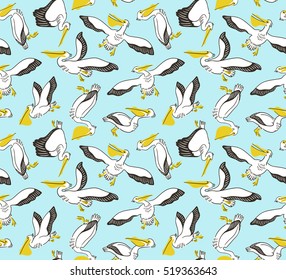 Hand drawn seamless pattern with pelicans. Vector background with birds.