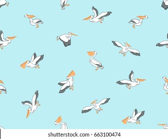 Hand drawn seamless pattern with pelicans. Vector background with birds.