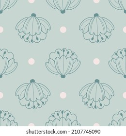 Hand drawn seamless pattern with peony flowers and white polka dot in pastel blue colors