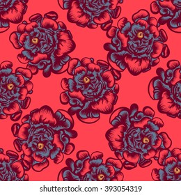 Hand drawn seamless pattern with peony flower. Vector line art.