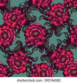 Hand drawn seamless pattern with peony flower. Vector line art.