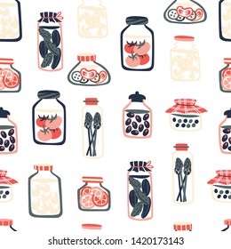 Hand Drawn Seamless Pattern with Pickle Jars Vegetables on White Background.