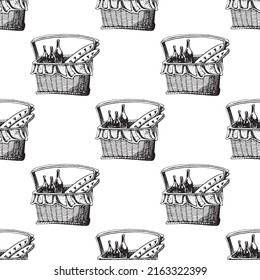 Hand drawn seamless pattern of Picnic Basket with Pastries and Bottles of Wine.