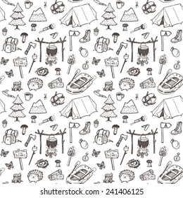Hand drawn seamless pattern, picnic, travel and camping theme.