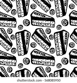 Hand Drawn Seamless Pattern with Pieces of Cakes. Sketch Pies Vector Illustration