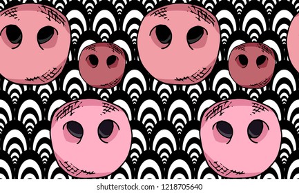Hand drawn Seamless pattern piglet and white geometry background.  Trend  art for your design. Postcard, card, poster design, website design, logo, wallpaper,textile, banner. Vector illustration.