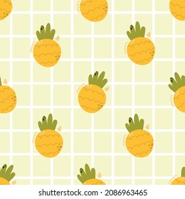 Hand drawn seamless pattern of pineapple on beige checkered background for print design.