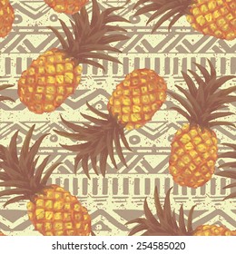 Hand drawn seamless pattern with pineapple in vector