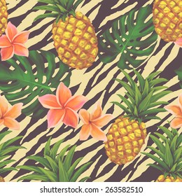 Hand drawn seamless pattern with pineapple and tropic flowers in vector