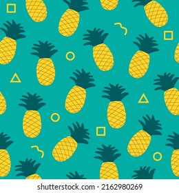  hand drawn seamless pattern with pineapples on blue background. Tropic fruit Pineapple and palm leaf seamless pattern background design.