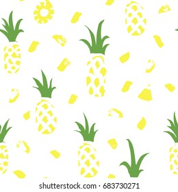 Hand drawn seamless pattern with pineapples and abstract brush strokes. Abstract tropical design. Vector summer fruit background.