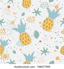Hand Drawn Seamless Pattern with pineapples, leaves and stars.Great for wedding cards, postcards, t-shirts, bridal invitations, brochures, posters, gift wrapping, wallpapers, etc.Vector Illustration
