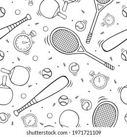 Hand drawn seamless pattern with ping pong rackets and ball, tennis racket and ball, baseball bat and ball, stopwatch in doodle sketch style. Sport equipment pattern for wallpaper, background, textile