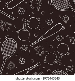 Hand drawn seamless pattern with ping pong rackets and ball, tennis racket and ball, baseball bat and ball, stopwatch in doodle sketch style. Sport equipment pattern for wallpaper, background, textile