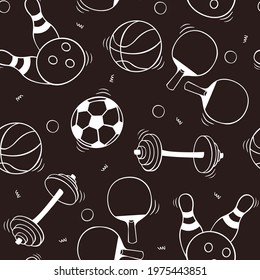 Hand drawn seamless pattern with ping pong rackets and ball, dumbbell, bowling ball and pins, soccer ball, basketball ball in doodle sketch style. Sport equipment pattern for wallpaper, background