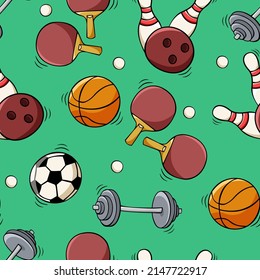 Hand drawn seamless pattern with ping pong rackets and ball, dumbbell, bowling ball and pins, soccer ball, basketball ball in doodle sketch style. Sport equipment pattern for wallpaper, background