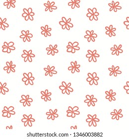 Hand drawn seamless pattern with pink flowers on white background. Vector illustration. Line drawing. Concept for children textile print, wallpaper, wrapping paper.