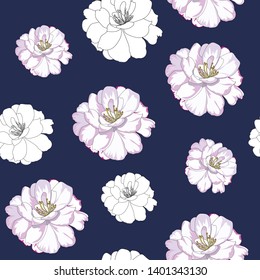 hand drawn seamless pattern of pink rose camellia flower on dark blue background