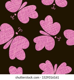 Hand drawn seamless pattern with pink butterfly on black background, vector illustration