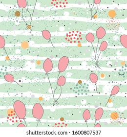 Hand Drawn Seamless Pattern with Pink Balloons. Great for wedding cards, postcards, t-shirts, bridal invitations, brochures, posters, gift wrapping, wall art, wallpapers, etc.Vector Illustration.