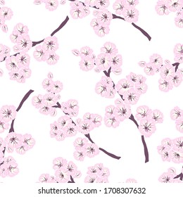 Hand drawn seamless pattern of pink spring sakura, flowers, blooming tree branches, floral elements. Colorful doodle sketch illustration for design card, invitation, wallpaper, wrapping paper, fabric