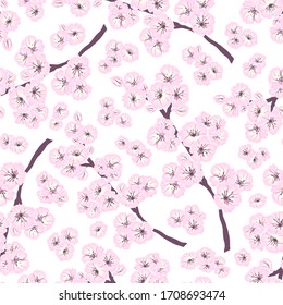 Trazado a mano sin fisuras de sakura de resorte rosa, flores, ramas de árboles florecientes, elementos florales. Dibujo de dibujo de cartón colorido para tarjeta de diseño, invitación, papel pintado, papel envolvente, tela