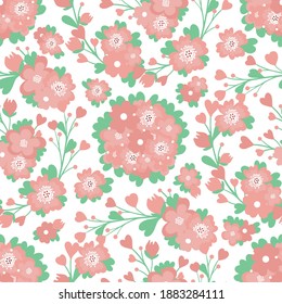 Hand drawn seamless pattern of pink blooming flowers, leaves. Spring floral set illustration for design Valentine's day, Women's day or Birthday card, invitation, wallpaper, wrapping paper, baby room