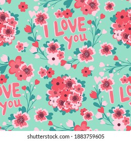 Patrón de flores rosas, hojas dibujadas a mano, que me encantan. Ilustración floral primaveral para el diseño Día de San Valentín, Día de la Mujer o Tarjeta de Cumpleaños, invitación, papel tapiz, papel envolvente