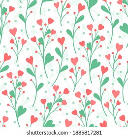 Handgezeichnet nahtloses Muster von rosafarbenen Blumen, Blättern. Blumenmusterstück im Frühling für Design Valentinstag, Frauentag oder Geburtstagskarte, Einladung, Tapete, Wickelpapier, Babyzimmer