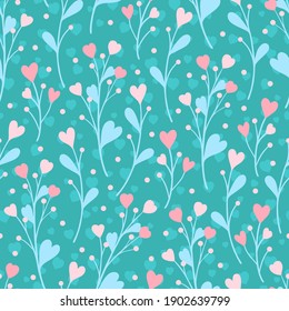 Hand drawn seamless pattern of pink blooming flowers, leaves. Spring floral set illustration for design Valentine's day, Women's day or Birthday card, invitation, wallpaper, wrapping paper, baby room