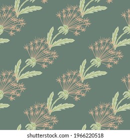 Hand drawn seamless pattern with pink dandelion ornament in pale colors. Green dark background. Great for fabric design, textile print, wrapping, cover. Vector illustration.