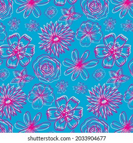 Hand drawn seamless pattern with pink flowers isolated on blue background. Cute elegant design for interior, wallpaper, packages, textile, fabric.