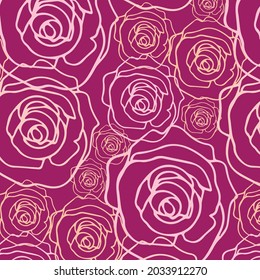 Hand drawn seamless pattern with pink rose isolated on violet background. Cute floral design. Line art vintage illustration.