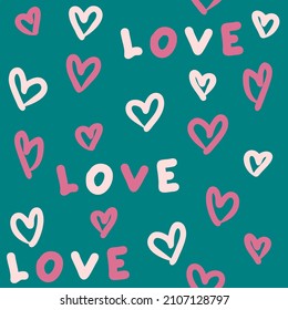 Hand drawn seamless pattern with pink hearts and text LOVE. Perfect for T-shirt, poster, postcard and print. Doodle vector illustration for decor and design.



