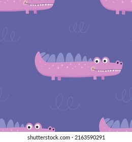 Hand drawn seamless pattern with pink crocodiles. Funny animal illustrations. Concept wrapping paper, textile, background flat design.