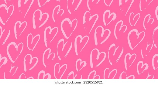 Hand drawn seamless pattern with pink hearts. Endless design for fabric, clothes, wrapping paper. Romantic design in pink shades.