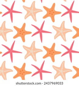 Hand drawn seamless pattern with pink, orange and beige sea stars isolated on white background.	