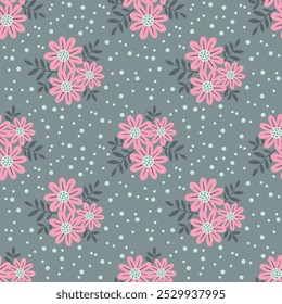 Hand drawn seamless pattern with pink flowers on gray swamp background. Lovely romantic Ditsy Fashion Print for background, holiday design, wallpaper, fabric