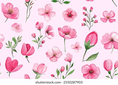 Dibujado a mano Patrón sin fisuras con flores de acuarela rosa. Flores y hojas de primavera.