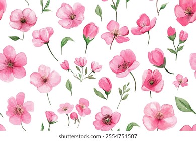 
hand drawn seamless pattern with pink flower, spring flowers and leaves.