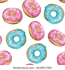 Hand Drawn Seamless Pattern with Pink and Blue Donuts on White Background Cute Sweet Food Design